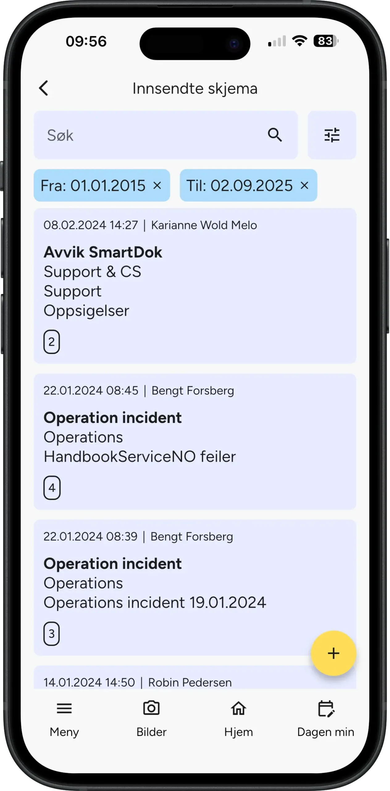 Innsendte skjema i den nye SmartDok-appen